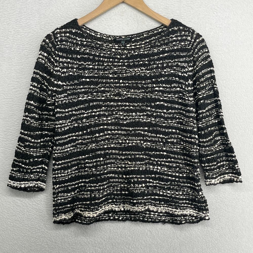 EILEEN FISHER Sweater PM Cotton Nubble Striped Round Neck 3/4 Sleeve Black